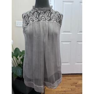 H Trend Ruffle Neck Lace Detail Silk Shell Fully Lined Blouse Size XS Coquette